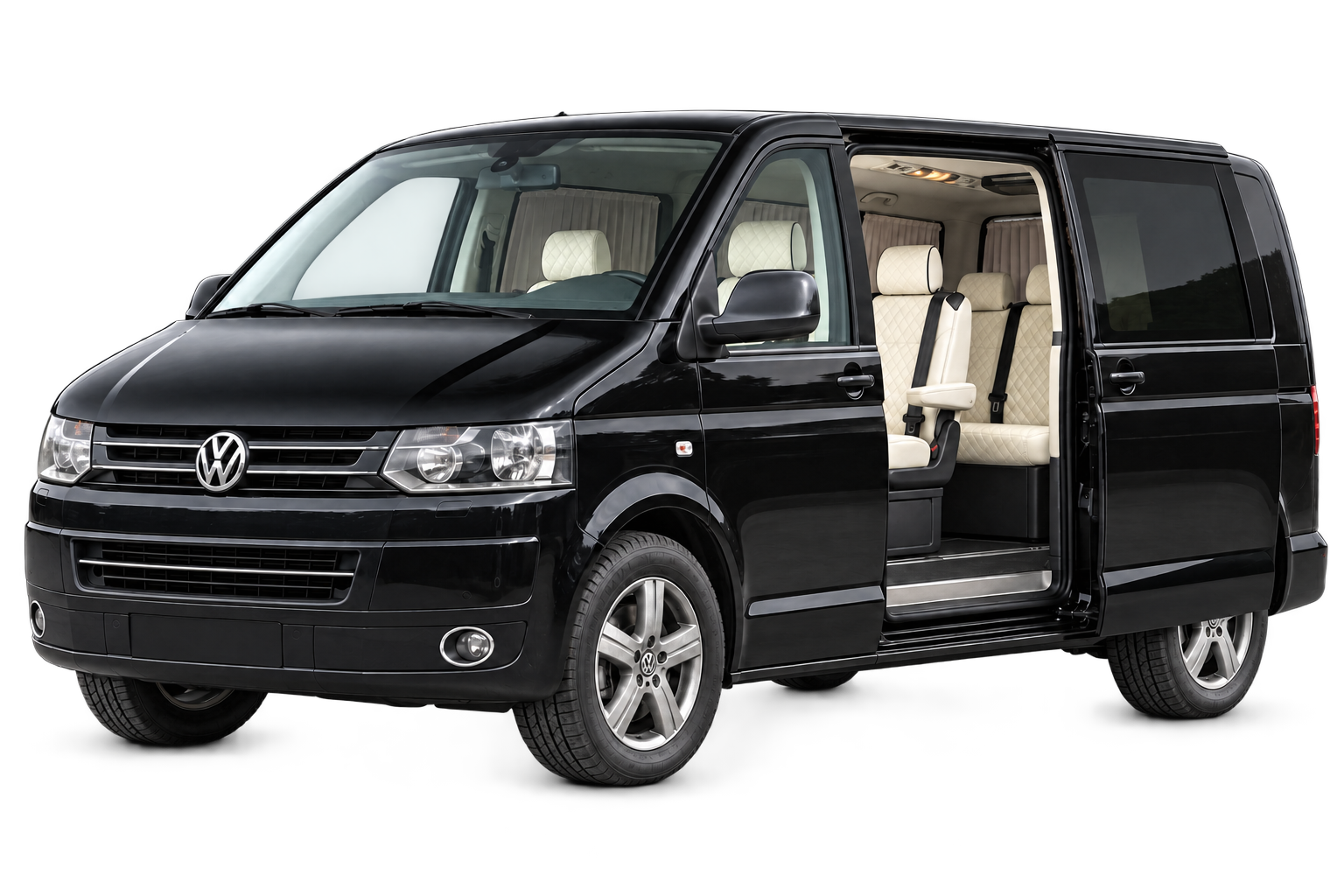 Чёрный Volkswagen Multivan с открытой сдвижной дверью и светлым стёганым салоном